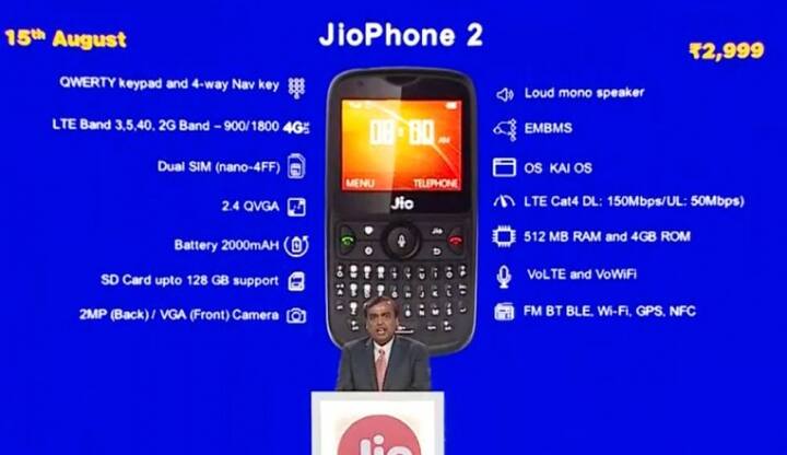  Jio Phone 2નું વેચાણ 15 ઓગસ્ટથી શરૂ થશે. મુકેશ અંબાણીએ જાહેરાત કરી કે લોન્ચ ઓફર અંર્ગત Jio Phone 2ને 2999 રૂપિયામાં ખરીદી શકાશે. નવા Jio Phone 2માં હોરિઝોન્ટલ સ્ક્રીન વ્યૂંગ એક્સપીરિયન્સ મળશે. આ ફુલ ક્વાર્ટી કીપેડ સાથે આવે છે. નવો Jio Phone 2 ડ્યૂઅલ સિમ સપોર્ટ કરે છે. આ ફોનમાં એક લાઉડ મોનો સ્પીકર મળશે.