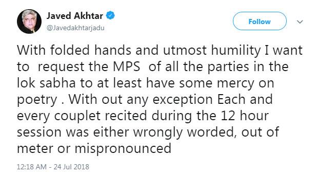 લોકસભામાં 12 કલાક ચાલેલી અવિશ્વાસ પ્રસ્તાવ પરની ચર્ચામાં વડાપ્રધાન મોદી સહિત અનેક નેતાઓએ શેર-શાયરીને મહેફિલ જમાવી દીધી હતી. આમ આદમી પાર્ટીના નેતા ભગવંત માને ભારતીય જનતા પાર્ટીનો નારો 'અચ્છે દિન'નો મજાક બનાવવા માટે પણ એક કવિતા વાંચી હતી. 