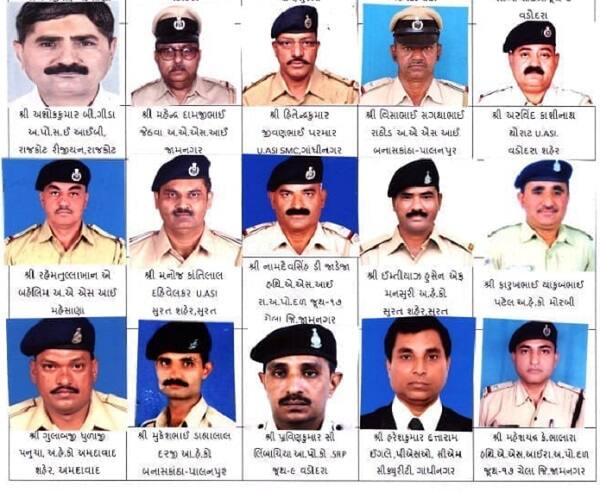સુરત શહેરના હે.કો. ઈમ્તિયાઝ હુસેન એફમનસુરી, મોરબીના હે.કો.ફારૃકભાઈ યાકુબભાઈ પટેલ, અમદાવાદ શહેરના હે.કો.ગુલાબજી ધુળાજી પનુચા, બનાસકાંઠાના હે.કો.મુકેશભાઈ ડાહયાલાલ દરજી, એસઆરપી જુથ-9 વડોદરાના કોન્સ્ટેબલ પ્રવિણકુમાર સી.લીંબાચીયા, સીએમ સિક્યોરીટીના પીએસઓ હરેશકુમાર દત્તારામ ઈંગલે અને એસઆરપી જુથ-17 જામનગરના એએસઆઈ મહેશચંદ્ર કે ભાલારાને મેડલ જાહેર કરાયા છે. રાજ્યના પોલીસ વડા શિવાનંદ જહાએ રાષ્ટ્રપતિ મેડલ મેળવનાર પોલીસ અધિકારી જવાનોને શુભેચ્છાઓ પાઠવી હતી. 