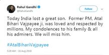 વાજપેયીના નિધન પર રાહુલ ગાંધીએ કહ્યું-‘ભારતે એક મહાન પુત્ર ગુમાવ્યા’