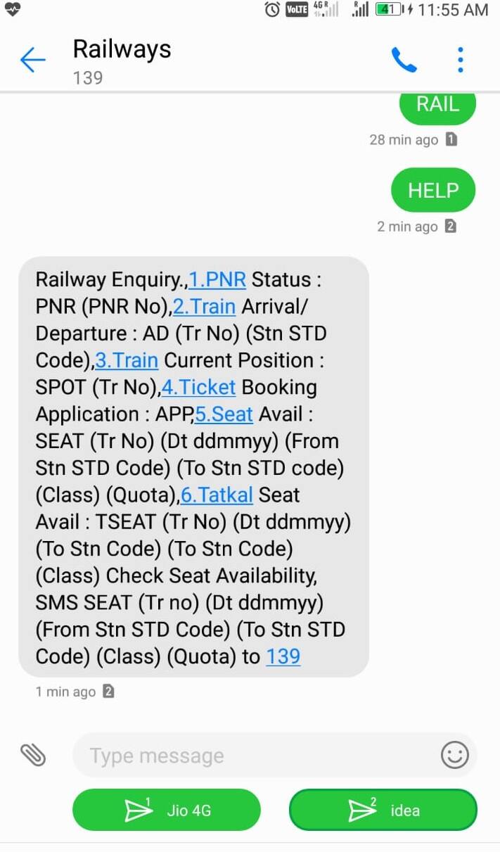 જો તમારે સીટની ઉપલબ્ધતા જાણવી છે તો SEAT લખવાનું રહેશે. તેમાં તમારે યાત્રાની તારીખ, સ્ટેશનનો STD કોડ, સીટનો ક્લાસ અને કોટા લખીને 139 પર મોકલી દો. તમે ટ્રેનનું ટાઈમ ટેબલ તેનો નંબર મોકલીને જાણી શકો છો. ઉપરાંત તમારી ટ્રેન ક્યાં ચે તેની જાણકારી પણ લઈ શકો છો. ટ્રેનં બર અને નામ પણ જાણી શકો છો.