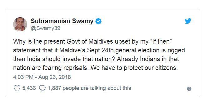 સુબ્રમણ્યમ સ્વામીએ નિવેદન આપ્યું હતું કે જો માલદીવની ચૂંટણીમાં ગરબડ જણાય તો ભારતે તેના પર હુમલો કરવો જોઈએ. સુબ્રમણ્યમ સ્વામીનુ કહેવું છે કે માલદીવમા પહેલેથી જ રહેતા ભારતીય નાગરિકોને અનેક મુશ્કેલીઓનો સામનો કરવો પડી રહ્યો છે જેથી આપણે આપણા નાગરિકોની રક્ષા માટે યોગ્ય પગલા ઉઠાવવા જોઈએ. 
