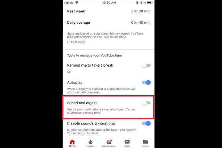 ઉપરાંત તમને 'Time Watched' ના પેજ પ જ Scheduled digest નું ફિચર મળી જશે. ઉલ્લેખનીય છે કે, Scheduled digest તમારી સબ્સક્રાઇબ ચેનલ્સનું નૉટિફિકેશન મેનેજ કરે છે અને તને એક દિવસમાં એક નૉટિફિકેશન બતાવે છે. Digital Wellbeing toolsમાં સાઉન્ડ અે વાઇબ્રેશનને પણ ડિસેબલ કરવાનો ઓપ્શન આપવામાં આવ્યો છે. જેનાથી તમે પોતાની મરજી પ્રમાણે ઇનેબલ કે ડિસેબલ કરી શકો છો.