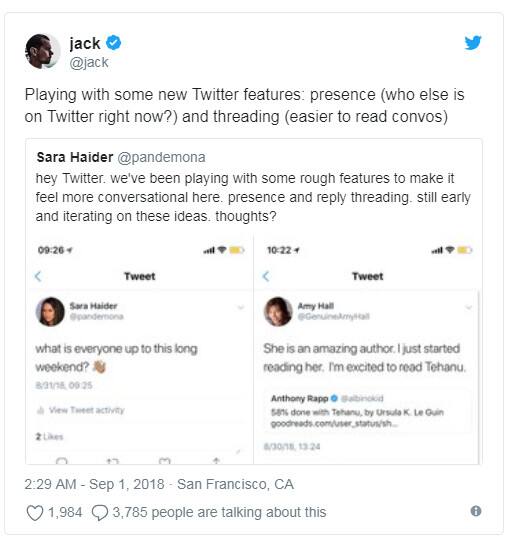 સારા હૈદરે ટ્વીટર પર કહ્યું છે કે, ‘પ્રેઝન્સ એક સ્ટેટસ ઇન્ડિકેટર છે અને હાલ આ તમારા પ્રૉફાઇલ ફોટા પર ગ્રીન ડૉટ તરીકે રહેશે જેનો અર્થ તમે ઓનલાઇન છો.’