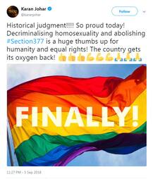 સમલૈગિંક સંબંધ મામલે સુપ્રીમના ચૂકાદાને કરણ જોહરે આવકાર્યો, વાંચો ટ્વીટ કરીને શું કહ્યું