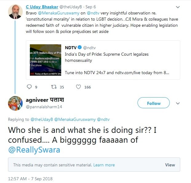  હકીકતમાં સ્વરાના પિતા સી.ઉદય ભાસ્કરે એક ટ્વીટ કરતાં સુપ્રીમ કોર્ટની કલમ 377 અને સમલૈંગિકતા પર તાજેતરમાં આપેલા નિર્ણયના વખાણ કર્યા હતાં. જેના જવાબમાં એક ટ્રોલરે સ્વરાના માસ્ટરબેશન સીનનો સ્ક્રિનશોટ તેના પિતાને શૅર કરી તેની સલાહ માંગી હતી.