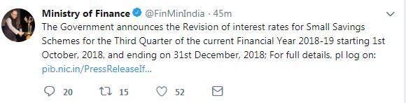 નાણા મંત્રાલય દ્વારા ગુરુવારે ટ્વિટ કરીને આ જાણકારી આપવામાં આવી હતી. આ ઉપરાંત 5 વર્ષીય માસિક આવકના ખાતા પર 7.7 ટકા, સીનિયર સિટિઝન સેવિંગ્સ સ્કીમ પર 8.7 ટકા અને 5 વર્ષીય રિકરિંગ ડિપોઝિટ પર 7.3 ટકા વ્યાજ મળશે.