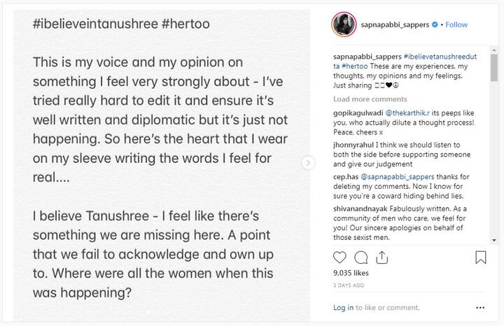 સપના પબ્બીએ સોશ્યલ મીડિયા પૉસ્ટમાં લખ્યું છે કે, મને એક ઘટના યાદ છે જ્યારે મને ગીત માટે બિકીની પહેરવાની હતી, ગીતના શૂટિંગ ટ્રાયલ દરમિયાન મે મારી સ્ટાઇલિસ્ટને કહ્યું હતું કે આ અંડરવાયર્ડ બ્રામાંથી વાયર કાઢી નાંખો, કેમકે પહેરીને સાત કલાક સુધી શૂટિંગ કરવું તેના માટે દર્દભર્યુ રહેશે. પણ મને વિના ઓલ્ટ્રેશન કરીને તે જ બિકીનીમાં શૂટિંગ કરવા માટે મજબૂર કરવામાં આવી.