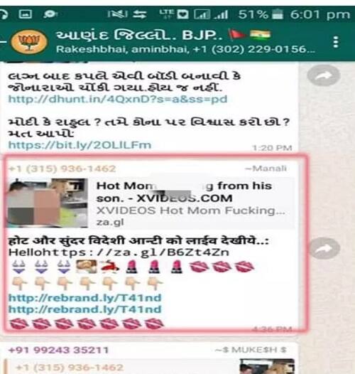 ભાજપના હોદ્દેદારો અશ્લીલ પોસ્ટ મુકનારને શોધી કાર્યવાહી કરવાની વિચારણા ચાલી રહી છે. આણંદ જીલ્લો બીજેપી નામના વોટ્સઅપ ગ્રુપમાં વિદેશના એક નંબર પરથી અશ્લીલ પોર્ન ફિલ્મની લીંકો અપલોડ કરી હતી. જે કેટલાંક સભ્યોએ આ લીંક દર્શાવતાં વોટ્સઅપ ગ્રુપના સ્ક્રીન શોર્ટ્સ પાડીને તેને ફેસબુક અને વોટ્સઅપ ગ્રુપમાં વાયરલ કરતાં ખળભળાટ મચી ગયો હતો.