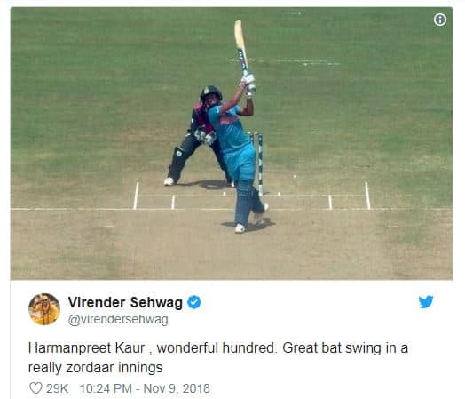 ટીમ ઈન્ડિયાના પૂર્વ વિસ્ફોટક ઓપનર વિરેન્દ્ર સેહવાગે ટ્વિટ કરીને લખ્યું, જીતથી શરૂઆત. હરમનપ્રીત કૌરનો દિવાળી ધડાકો. પ્રથમ મેચમાં જીત બદલ અભિનંદન.