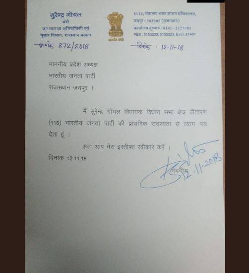 મંત્રી સુરેન્દ્ર ગોયલે ટિકિટ ન મળવાથી નારાજ થઈને મુખ્યમંત્રી વસુંધરા રાજેને રાજીનામું મોકલી આપ્યું છે. તેમણે અપક્ષ તરીકે ચૂંટણી લડવાનો નિર્ણય લીધો છે. તેઓ 17 નવેમ્બરે ઉમેદવારી પત્ર ભરશે.