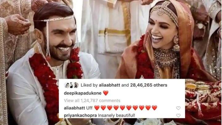 પ્રિયંકા ચોપરાએ દીપિકા અને રણવીર બન્નેની શેર કરવામાં આવેલ તસવીર પર કોમેન્ટ કરી છે. રણવીર સિંહની પોસ્ટ પર પ્રિયંકા ચોપરાએ લખ્યું છે, ‘સ્ટનિંગ’. માત્ર પ્રિયંકા જ નહીં, કેટરીના કૈફ, ટાઈગર શ્રોફ, કરણ જૌર, અર્જુન કપૂર સહિત અનેક સેલેબ્સે દીપવીરને લગ્નની શુભેચ્છા પાઠવી છે.