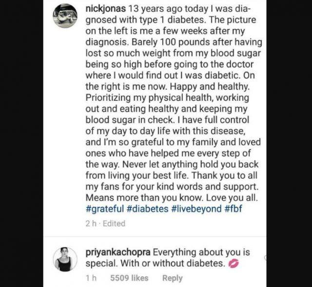 નિકની આ પોસ્ટ પર તેની ફિયાન્સ પ્રિયંકા ચોપરાએ લખ્યું કે, ‘તારા વિશે બધું જ સ્પેશિયલ છે. ડાયાબિટીઝની સાથે પણ અને તેના વગર પણ.’