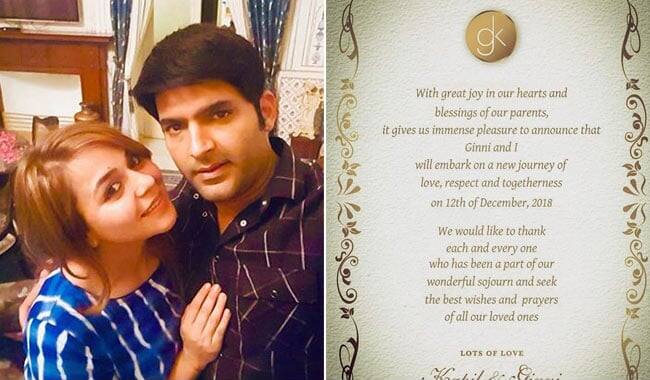 ઉલ્લેખનીય છે કે, કપિલ અને ગિન્નીના લગ્ન 12 ડિસેમ્બરે ગિન્નીના હૉમ ટાઉન જલંધરમાં યોજાશે. એક ઇન્ટરવ્યૂમાં તેને કહ્યું કે અમે આ લગ્ન સમારોહને સાદુ રાખવા માંગીએ છીએ, પણ ગિન્ની એકમાત્ર દીકરી છે એટલે તે ધામધૂમથી કરવા માંગે છે.
