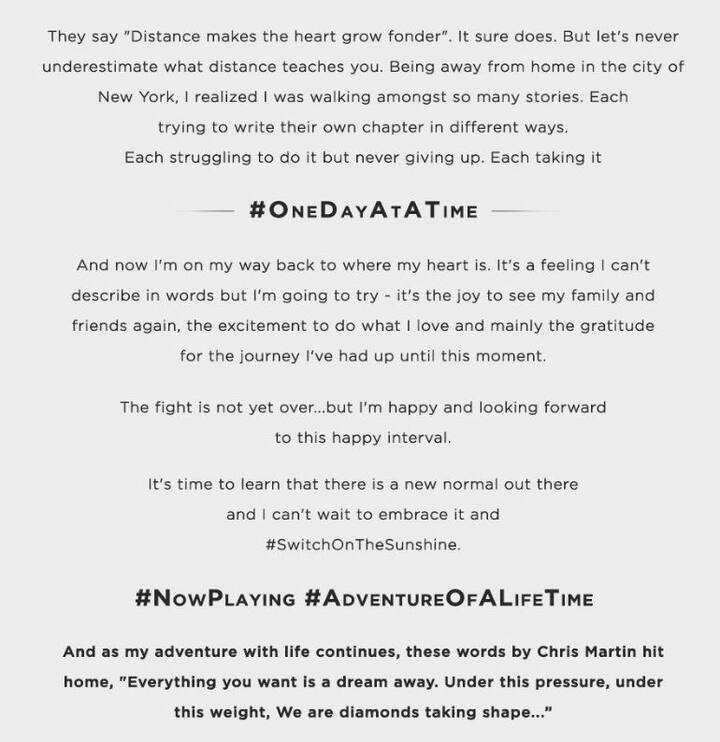 સોનાલીએ એક ટ્વિટ કરીને સારવાર બાદ ઘરે આવવાને લઈ ખુશી વ્યક્ત કરી છે. તેણે તેની પોસ્ટમાં પણ આ અંગે જાણકારી આપી છે. સોનલીએ કહ્યું છે કે કેન્સર સાથેની લડાઇ હજુ પૂરી નથી થઈ પરંતુ આ ઇન્ટરવલથી તે ઘણી ખુશ છે.