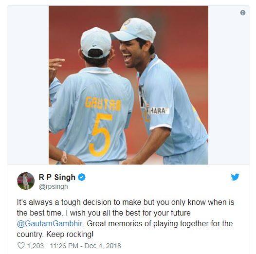 ગંભીરે નિવૃત્તિની જાહેરાત કર્યા બાદ આરપી સિંહે કરેલું ટ્વિટ.