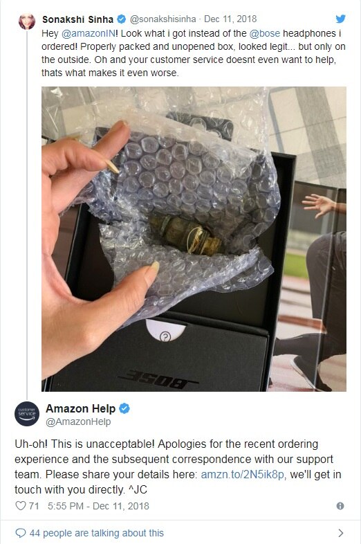 બાદમાં AmazonHelp દ્વારા ટ્વિટર પર માફી માંગવામાં આવી હતી અને સોનાક્ષીની ટ્વિટનો જવાબ દેતા કહેવામાં આવ્યું હતું કે “ઓહ! આ અસ્વીકાર્ય છે. તમારા ઓર્ડર અને કસ્ટમર કેરના ખરાબ અનુભવ બદલ માફી માંગીએ છીએ. તમારી ડિટેલ્સ જણાવો જેથી અમે તમને મદદ કરી શકીએ”