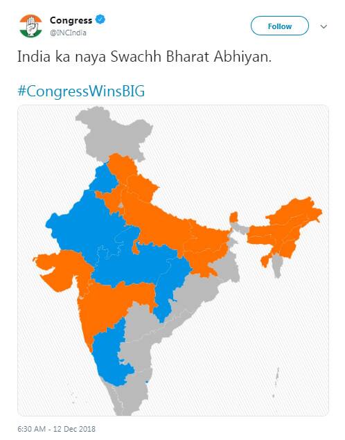આ નકશામાં કોંગ્રેસની સરકાર જ્યાં જ્યાં છે અને જ્યાં બનાવવા જઇ રહી છે તેને વાદળી રંગથી બતાવવામાં આવ્યુ છે. એટલે કે ભગવો દેશમાંથી હટી રહ્યો છે. 