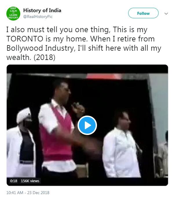 ઘણા લોકોને ખબર છે કે અક્ષય કુમાર ભારતનો નહીં કેનેડાનો નાગરિક છે, હવે તેનો એક વીડિયો સામે આવ્યો છે, જેમાં તે કેનેડાને પોતાનુ ઘર ગણાવી રહ્યો છે. વીડિયોમાં અક્ષય કહી રહ્યો છે કે 'હું તમને જરૂર બતાવવા માંગીશ કે આ મારુ ઘર છે, એકવાર હુ બૉલીવુડ ઇન્ડસ્ટ્રીમાંથી રિટાયર થઇ જાઉં, હું અહીં પાછો આવી જઇશ અને અહીં જ રહીશે.'