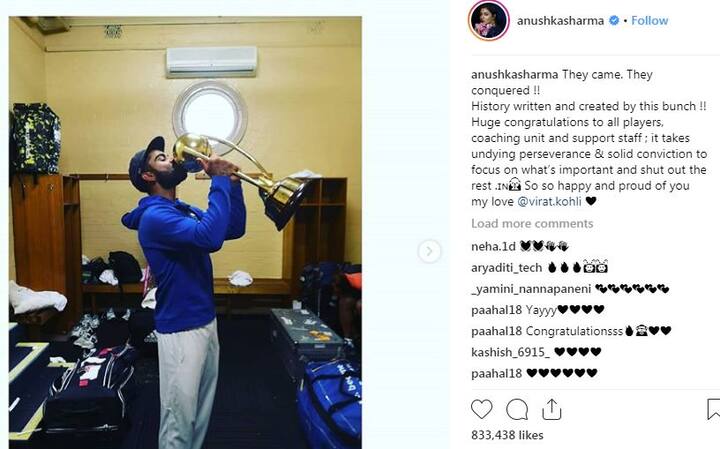સિડનીઃ ઓસ્ટ્રેલિયા સામે ટીમ ઈન્ડિયાની ઐતિહાસિક ટેસ્ટ શ્રેણી જીત્યા બાદ દેશભરમાં ખુશીનો માહોલ છે. વિરાટ કોહલીની પત્ની અને ફિલ્મ એક્ટ્રેસ અનુષ્કા શર્માએ પણ ટીમને શુભેચ્છા પાઠવી છે. 