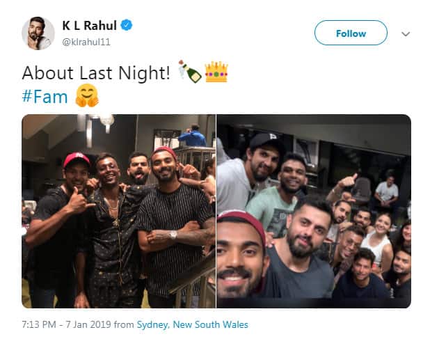 શેર કરવામાં આવેલી તસવીરોમાં ટીમ ઇન્ડિયાના પ્લેયર્સ જબરદસ્ત નાઇટ મસ્તી કરી રહી છે. કેપ્ટન વિરાટે, રાહુલ, હાર્દિક અને મયંક અગ્રવાલ સાથે નાઇટ પાર્ટીની મજા માણી હતી. 