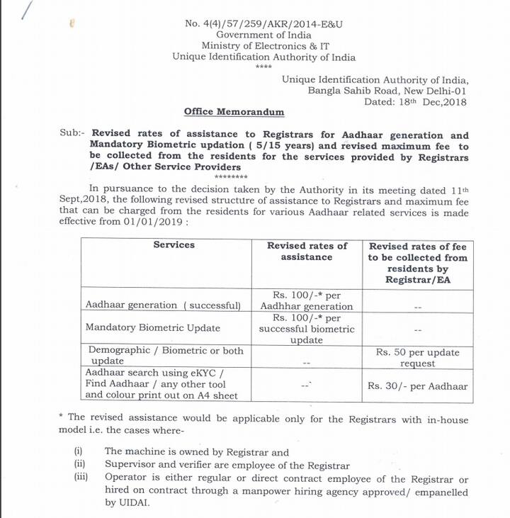 આ પહેલા આ સેવા માટે 25 રૂપિયા આપવા પડતા હતી જે જીએસટી લગાવીને કુલ 30 રૂપિયા થતા હતા. ઉપરાંત કે વાઈસી કે એ-4 સાઈઝના પેપર પર આધારની કલર પ્રિન્ટ આઉટ માટે ઉપભોક્તાઓએ 30 રૂપિયા આપવા પડતા હતા. યૂઆઈડીએઆઈ અનુસાર આ રકમ કરતાં વધારે ફી લેવું ગેરકાયદેસર ગણાશે.