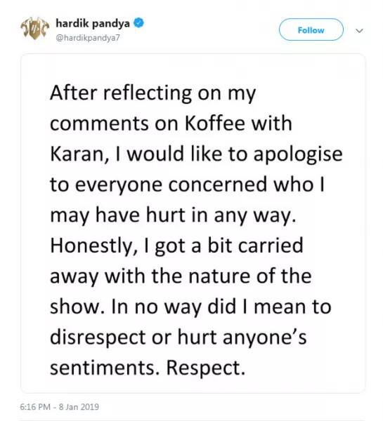 ‘કૉફી વિથ કરણ’માં હાર્દિક પંડ્યા અને કેએલ રાહુલ પહોંચ્યા હતા. અહીં હાર્દિકે કહ્યું કે, “હું જ્યારે ક્લબ જઉં છું ત્યારે છોકરીનું નામ પણ નથી પુછતો. જે ટેક્સ્ટ મેસેજ કોઇ એક છોકરીને મોકલું છું એ જ બીજી છોકરીને પણ મોકલું છું.”