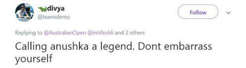 બીજા એક યૂઝર્સે લખ્યું ‘અનુષ્કા શર્માને દિગ્ગજ કહીને પોતાને શર્મિંદા ના કરો.’ 