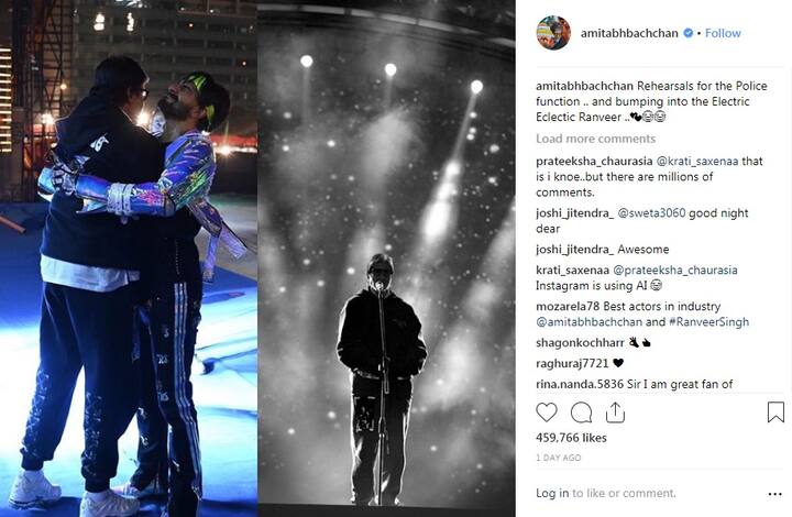 અમિતાભ બચ્ચને શેર કરી તસવીરમાં રણવીર સિંહ તેમને ગળે મળતો જોવા મળે છે. કેપ્શનમાં અમિતાભે લખ્યું કે, પોલીસ માટે આયોજીત એક ખાસ ફંક્શનની તૈયારીમાં... જ્યાં મારી મુલાકાત થઇ એક ઇલેક્ટ્રિક ઇક્લેક્ટિક રણવીર સિંહ સાથે. ઉલ્લેખનીય છે કે, અમિતાભ અને રણવીર સિંહ મુંબઇ પોલીસ માટે આયોજીત એક ફંક્શનના રિહર્સલ માટે પહોંચ્યા હતા.
