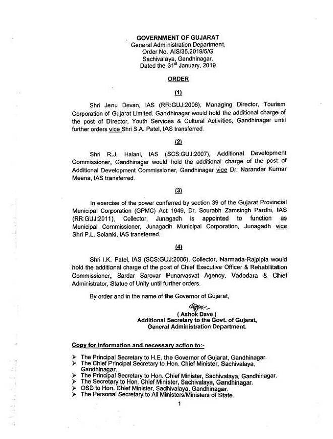 4 IAS અધિકારીઓને વધારાનો ચાર્જ સોંપવામાં આવ્યો છે જેમાં જેનુ દેવાન, આર.જે.હાલાણી, ડો.સૌરભ પારધી અને આઈ.કે.પટેલનો સમાવેશ થાય છે.