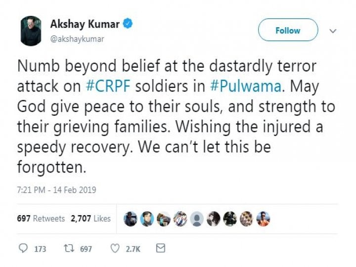 Bollywood sudden by terrorist attack on crpf in pulwama જમ્મુ-કાશ્મીરમાં જવાનો પર હુમલાથી બોલીવૂડ ગુસ્સામાં, કહ્યું- આ વાતને ભુલાવી નહી શકાય