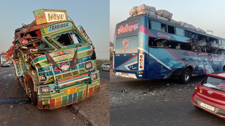 Bus and truck accident on Limadi Rajkot highway, 2 dead on the spot લીંબડી-રાજકોટ હાઈ-વે પર બસ અને ટ્રક વચ્ચે અકસ્માત, બેનાં મોત, પાંચ ઘાયલ