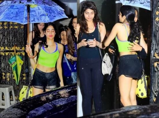 Mumbai rains actress jhanvi kapoor spotted outside gym  ધોધમાર વરસાદમાં જિમ બહાર છત્રી લઈને જોવા મળી જ્હાન્વી કપૂર, જુઓ તસવીરો