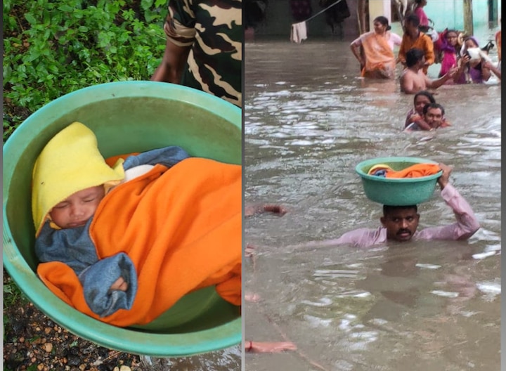 Child rescue by his father in vadodara due to heavy rain શહેર આખુ નદી બન્યુ તો PSIએ બાળકીને વસુદેવની જેમ ટોપલીમાં લઇને બચાવી, અદભૂત તસવીર વાયરલ