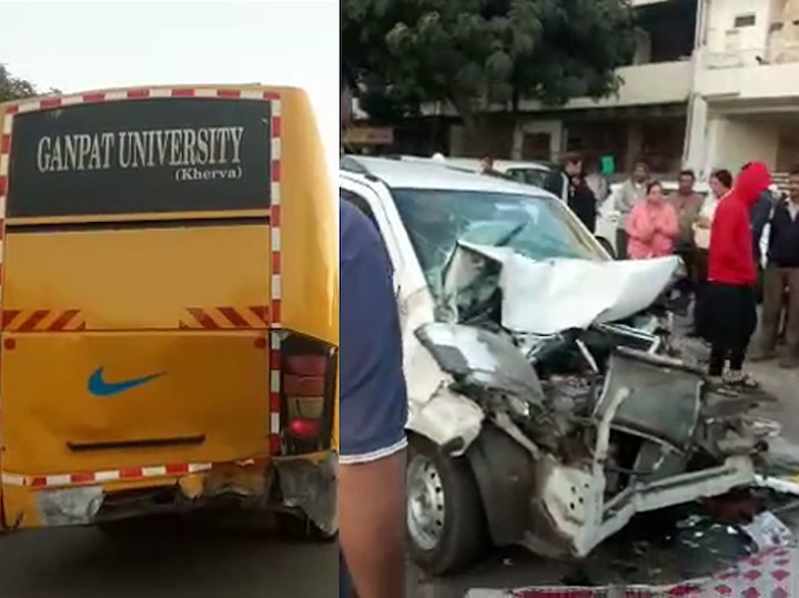 University bus and car accident in Ahmedabad, woman died on the spot  અમદાવાદઃ ખાનગી બસ અને કાર વચ્ચે અકસ્માતમાં મહિલાનું મોત, જાણો વિગત