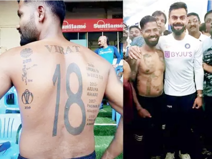 virat kohli hand fan with virat's 16 tattoos on his body મેચ દરમિયાન સ્ટેડિયમમાં આવ્યો કોહલીનો જબરો ફેન, આખા શરીર પર દેખાયા વિરાટના 16 ટેટૂ.........