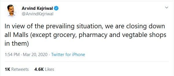 કોરોના વાયરસ પર કેજરીવાલ સરકારનો મોટો નિર્ણય, દિલ્હીના તમામ મોલ બંધ કરવાનો આદેશ