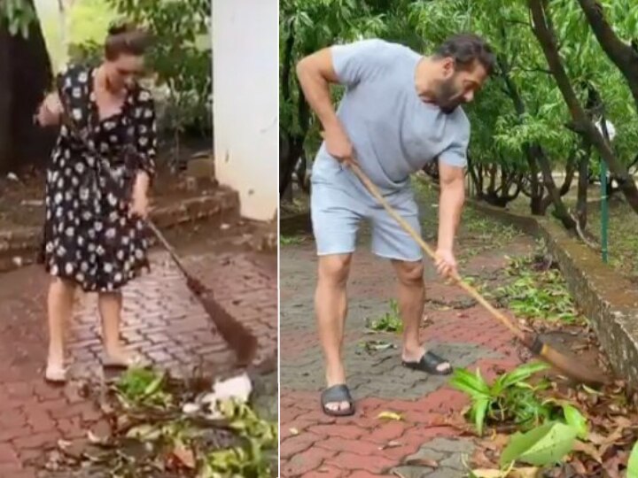 salman khan clean his farmhouse with iulia vantur video goes viral  VIDEO: સલમાન ખાને યૂલિયા વંતૂર સાથે ફાર્મહાઉસની કરી સફાઈ, વાયરલ થયો વીડિયો