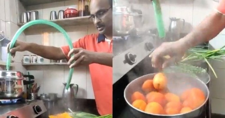 viral video of man using jugaad to sterilise vegetables by pressure cooker steam કોરોનાકાળમાં શાકભાજીને સાફ કરવા માટે આ વ્યક્તિએ શોધ્યો અનોખો ‘જુગાડ’, IAS અધિકારીએ શેર કર્યો વીડિયો