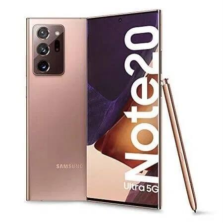 Samsung Galaxy Note20 Ultra- સેમસંગના આ 5G ફોનમાં 6.90 ઇંચની ડિસ્પ્લે છે. આમાં Samsung Exynos 990 પ્રૉસેસર વાળો છે. ફોનમાં 108MP + 13MP + 12MPનો રિયર કેમેરા સેટઅપ છે. આનો ફ્રન્ટ કેમેરો 40MP નો છે. આના 12GB રેમ અને 128GB સ્ટૉરેજ વાળા ફોનની કિંમત 1,04,999 રૂપિયા છે.   (પ્રતિકાત્મક તસવીર)