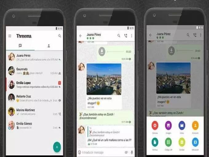 થ્રીમા (Threema)- થ્રીમા પણ વૉટ્સએપની જેમ એક મેસેજિંગ એપ છે. આ તમામ ડેટાને એન્ક્રિપ્ટ કરે છે, અને સિક્યૂરિટી વધારે છે. આમાં મેસેજ, શેયર્ડ ફાઇલ્સ અને સ્ટેટસ પણ અપડેટ કરી શકો છો. આમાં પણ એકાઉન્ટ ખોલવા માટે ફોન નંબર કે ઇમેલ એડ્રેસની જરૂર નથી પડતી. થ્રેમા પર 8 ડિજીટની યૂનિક યૂઝર આઇડી બનાવવામાં આવે છે, આને QR કૉડ દ્વારા શેર કરવામાં આવે છે. આ ઓપન સોર્સ પર આધારિત છે, અને કોઇપણ જાતનુ આઇપી એડ્રેસ કે મેટાડેટા સ્ટૉર નથી કરતુ. આ કારણે આ વૉટ્સએપથી બેસ્ટ છે. (પ્રતિકાત્મક તસવીર)