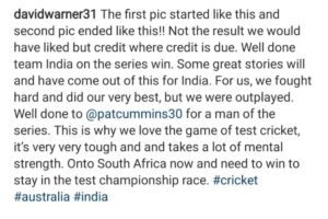 પોતાની હાર ભૂલીને ઓસ્ટ્રેલિયાના કયા ખેલાડીએ ભારતની પ્રસંશા કરી, ને પોતાના ઇન્સ્ટાગ્રામ પર શું કર્યુ શેર