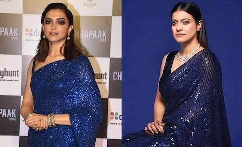 દીપિકા પાદુકોણના રોયલ બ્લૂ સાડી લૂકને અભિનેત્રી કાજોલ કોપી કરી ચૂકી છે. તસવીરમાં જોઇ શકાય છે કે, બંનેની સાડી સમાન છે. જો કે જ્વેલરી અને હેરસ્ટાઇલમાં થોડો તફાવત જોવા મળે છે. 