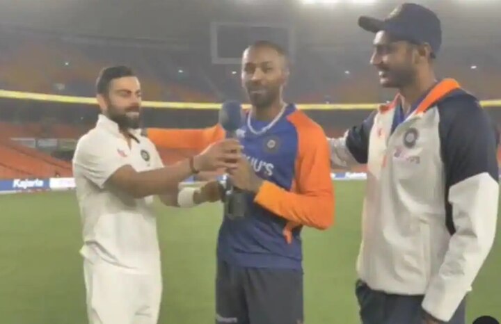 Virat Kohli speak in Gujarati language with Axar Patel and Hardik Pandya, funny video viral હાર્દિક અને અક્ષર વાત કરી રહ્યાં હતા ને અચાનક કોહલીએ આવીને શું કરી ગુજરાતીમાં મજાક કે બધા હંસવા લાગ્યા, જુઓ ફની વીડિયો