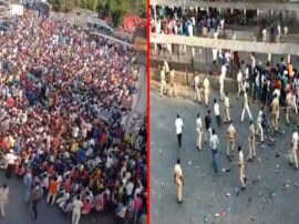 Mumbai Coronavirus migrant workers gathered at bandra railway station video goes viral Mumbai Coronavirus: बांद्रा से सामने आई डराने वाली तस्वीर, इकट्ठा हुई हजारों प्रवासी मजदूरों की भीड़;पुलिस को करना पड़ा लाठीचार्ज